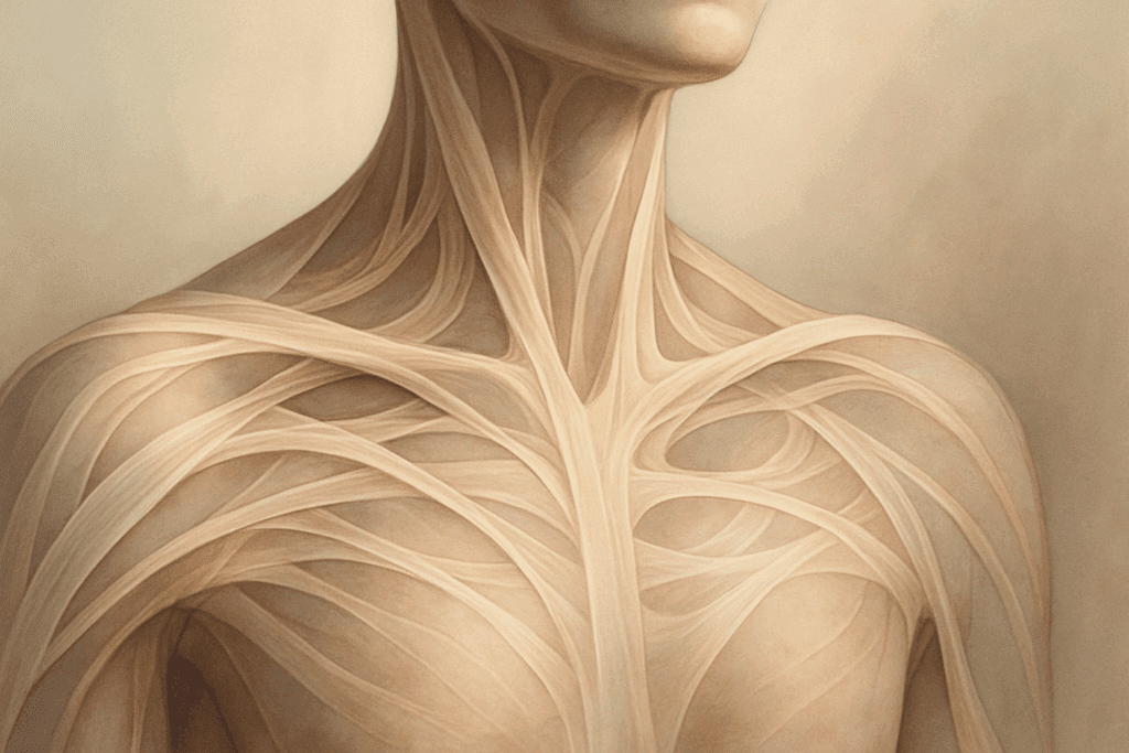 Anatomical concept art highlighting fascial lines around the collarbone, supporting best clavicle and collarbone stretches.