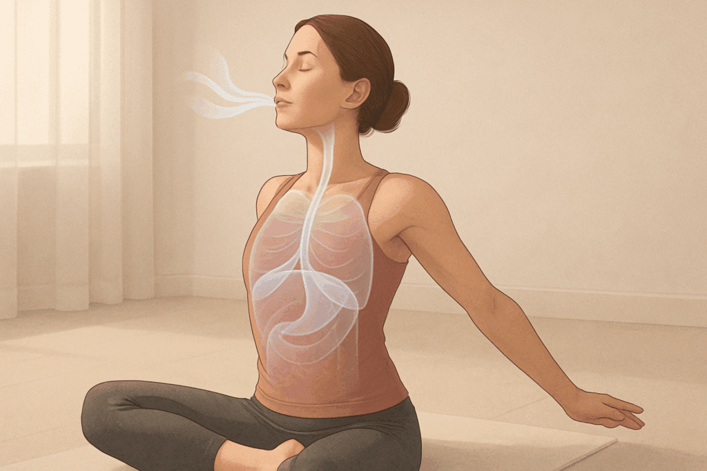 Woman seated in a yoga pose mid-stretch with visible airflow lines showing diaphragmatic breathing, illustrating one of the best clavicle and collarbone stretches for posture and relaxation.