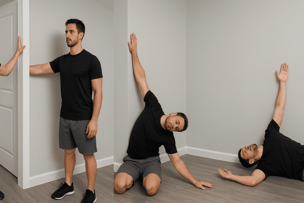 Man demonstrating the Best Clavicle and Collarbone Stretches in a sequence, including doorway chest, wall shoulder, and floor angel stretches indoors.