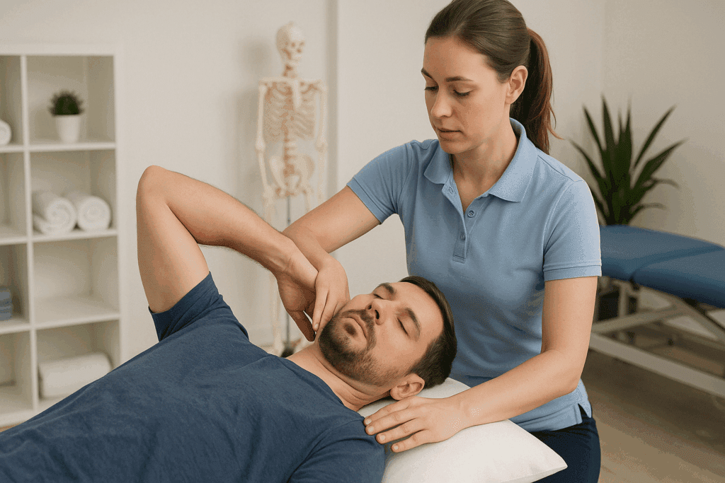 Physical therapist assisting a patient with gentle collarbone movement during rehabilitation, illustrating best clavicle and collarbone stretches.