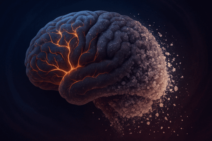 Conceptual illustration showing how sugar may affect dementia risk, with a human brain disintegrating into sugar crystals against a dark neural background.