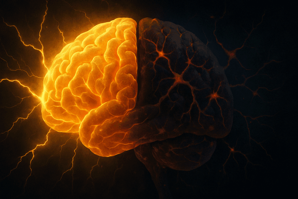 Artistic rendering of a human brain showing golden energy on one side and inflamed synapses on the other, symbolizing how sugar may affect dementia risk.