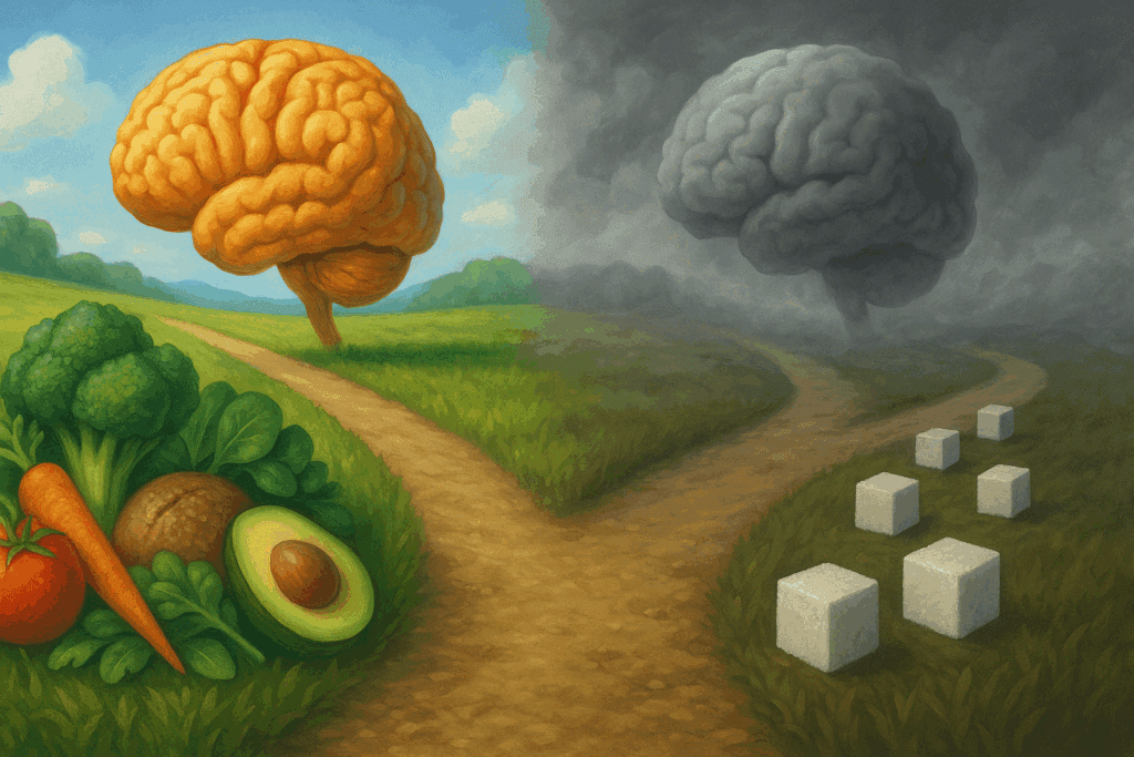 Forked path symbolizing how sugar may affect dementia risk, with one trail leading to a foggy brain and sugar cubes, the other to a vibrant brain and fresh produce.