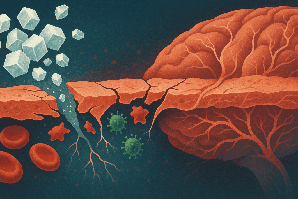 Stylized brain illustration showing sugar breaching the blood-brain barrier, visualizing how sugar may affect dementia risk by allowing toxins to enter neural tissue.