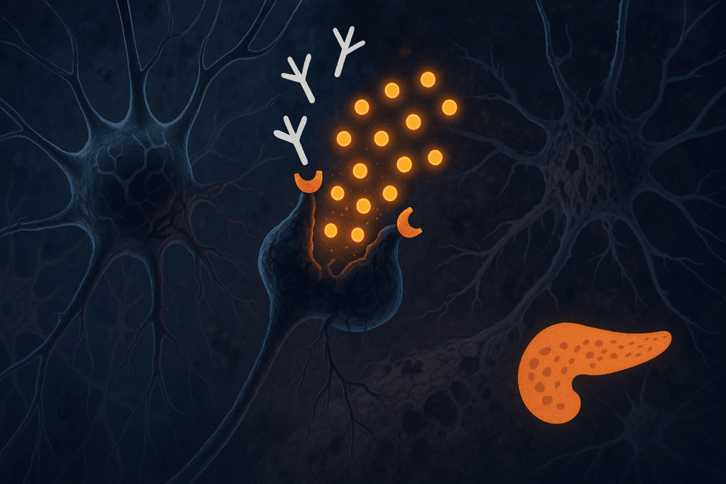 Visualization of insulin-resistant neurons with glucose molecules repelled at synapses, illustrating how sugar may affect dementia risk.