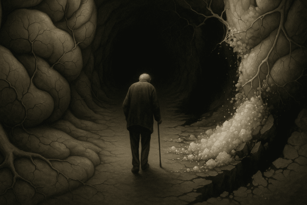 Elderly person walking alone through a dim brain-shaped corridor as sugar crystals spread and crack the path, symbolizing how sugar may affect dementia risk.