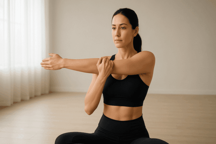Woman in athletic wear performing a crossed arm stretch in a calm, softly lit fitness studio.