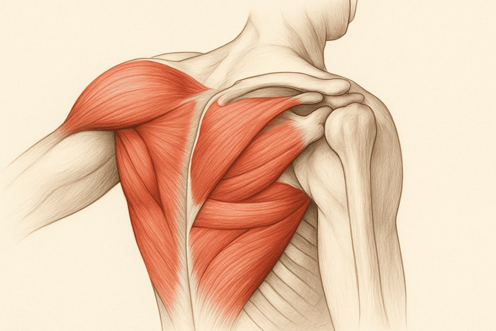 Anatomical illustration of the shoulder joint showing muscles affected by poor posture or tightness, relevant to the crossed arm stretch.