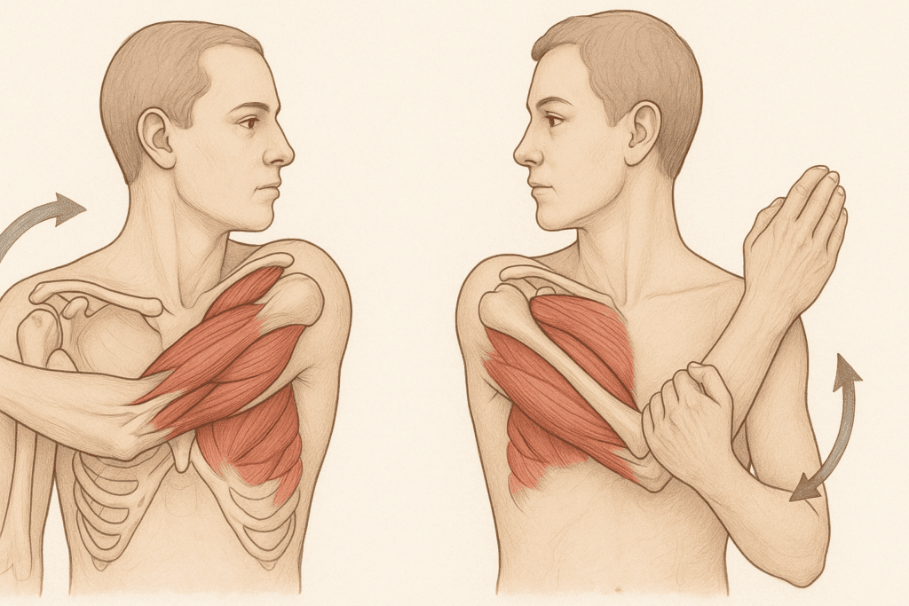 Side-by-side anatomical illustration of the shoulder joint showing muscles and bones during arm across chest and crossed arm stretch exercises.