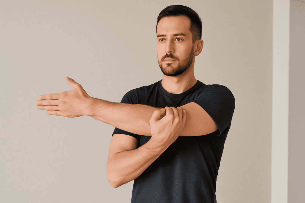 Man performing crossed arm stretch with left arm extended and right hand pulling forearm, standing tall with relaxed shoulders indoors.