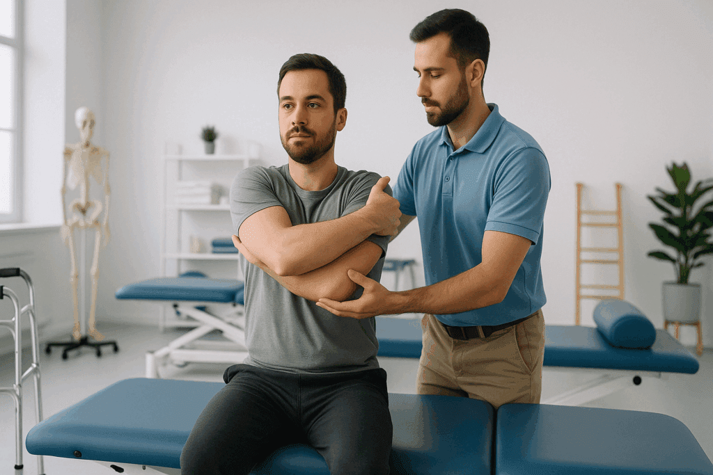 Physical therapist assisting patient with crossed arm stretch in a modern rehabilitation clinic