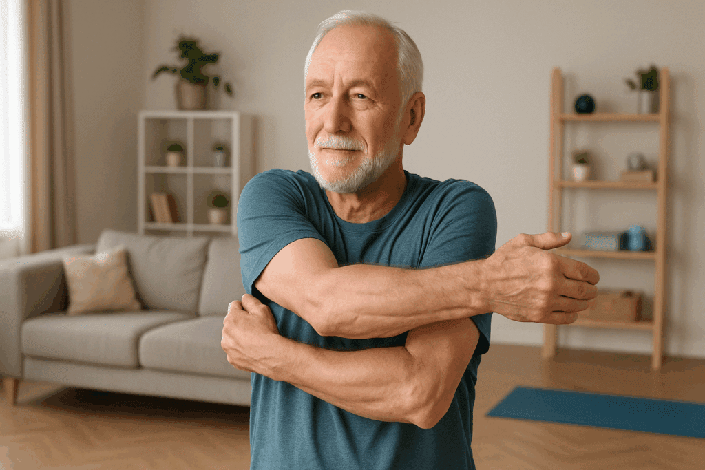 Older man performing a crossed arm stretch in a bright living room, showing a calm expression and safe home exercise setting.