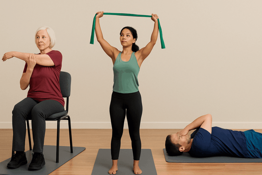 Three people performing shoulder stretches at different fitness levels, including a seated crossed arm stretch, a resistance band stretch, and a lying variation.