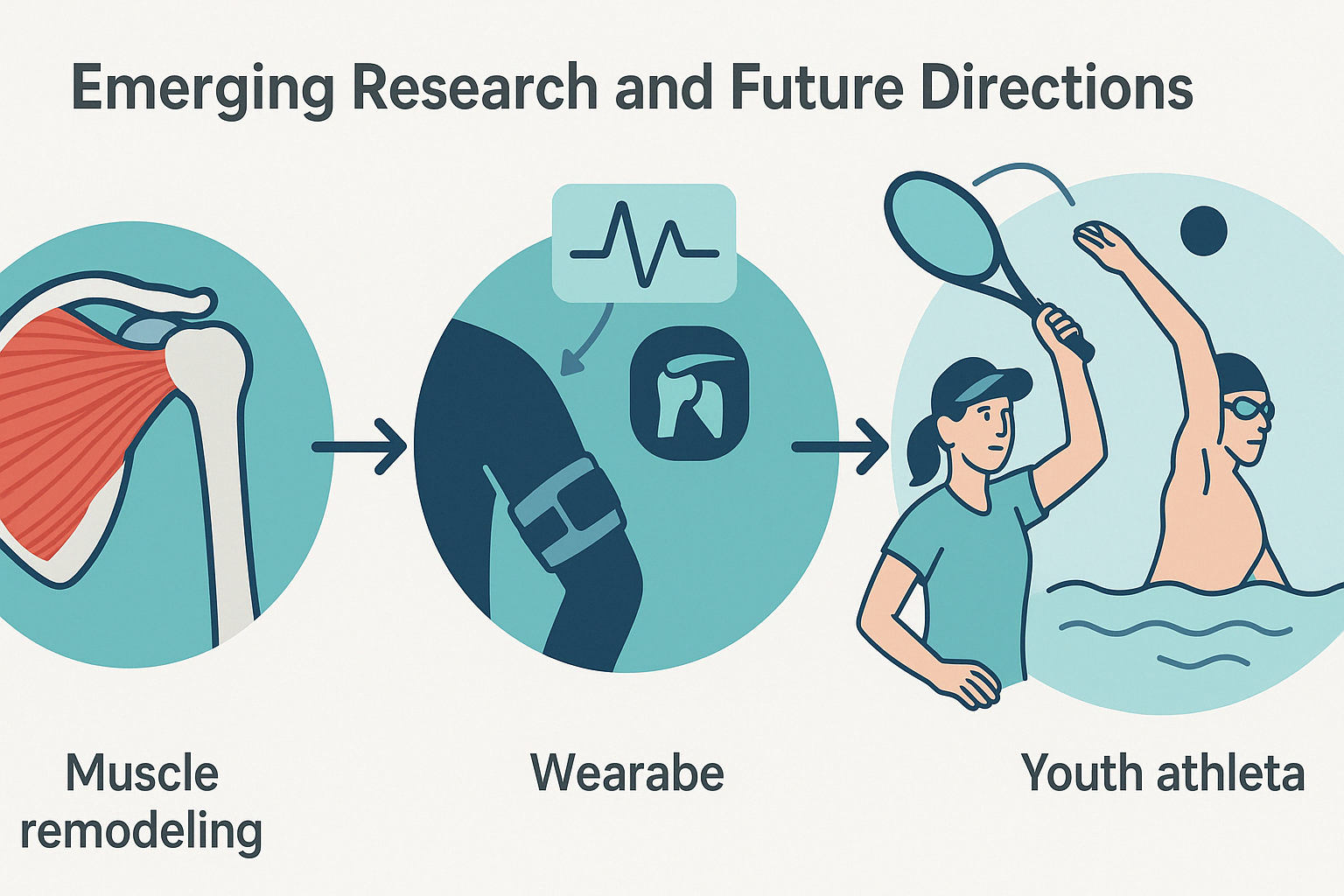Infographic showing shoulder muscle remodeling, wearable tech for shoulder tracking, and youth athletes in crossed arm stretch poses during tennis and swimming activities