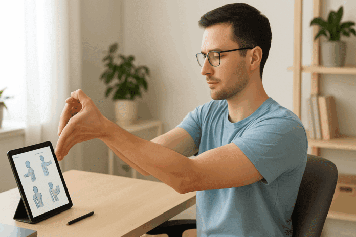 Man sitting in ergonomic posture at desk, performing wrist stretch while viewing carpal tunnel stretches PDF on a digital tablet.
