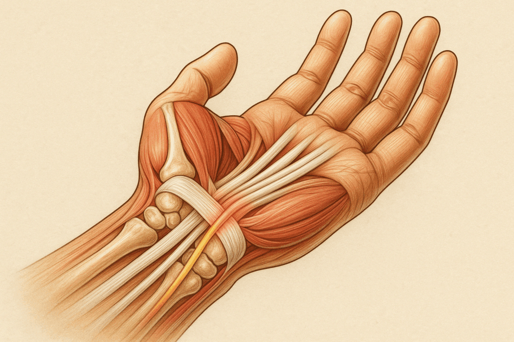 Anatomical illustration of the wrist showing carpal tunnel, compressed median nerve, tendons, and bones for carpal tunnel stretches PDF