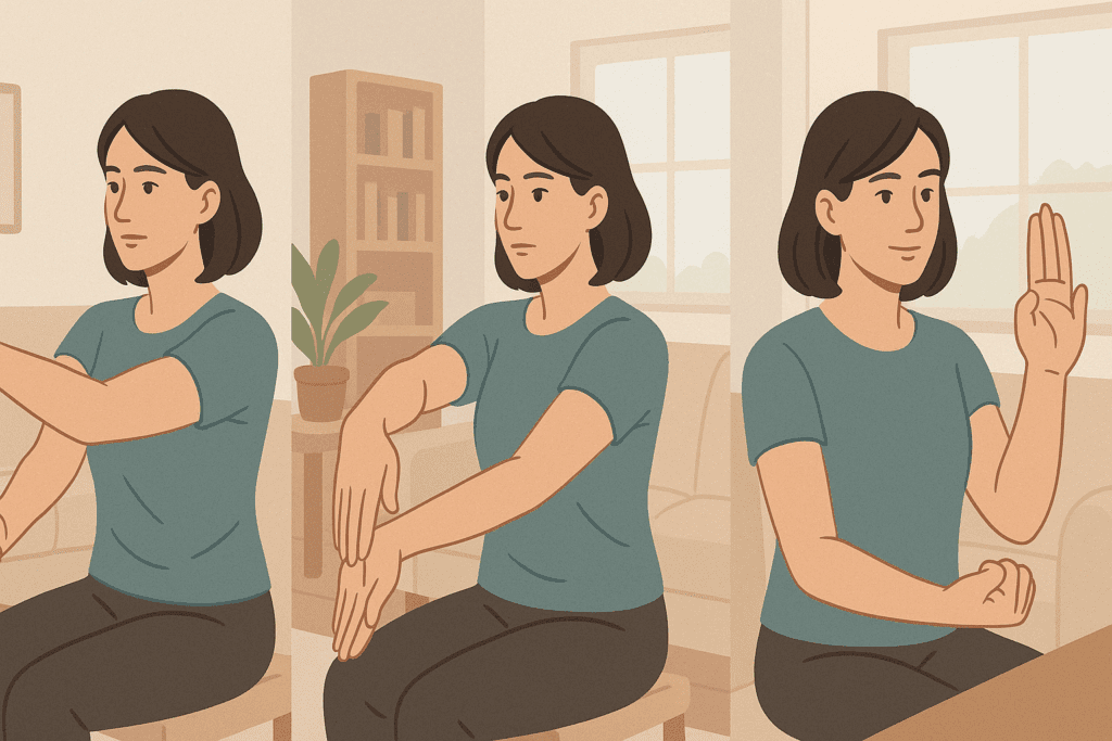Woman demonstrating three carpal tunnel stretches at home—wrist flexor, wrist extensor, and tendon glide—for carpal tunnel stretches PDF.