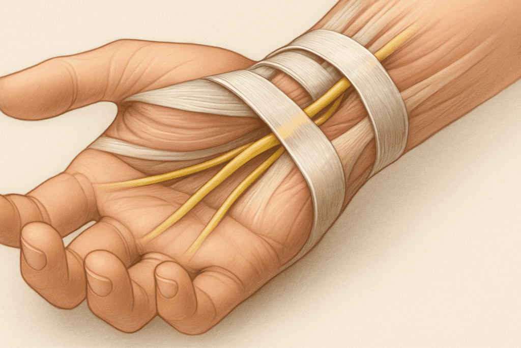Anatomical illustration of wrist fascia and median nerve showing compression points relevant to carpal tunnel stretches PDF