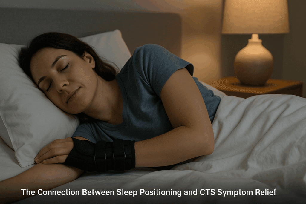 Woman sleeping on her side with wrist splint, demonstrating neutral hand placement from carpal tunnel stretches PDF guidance.