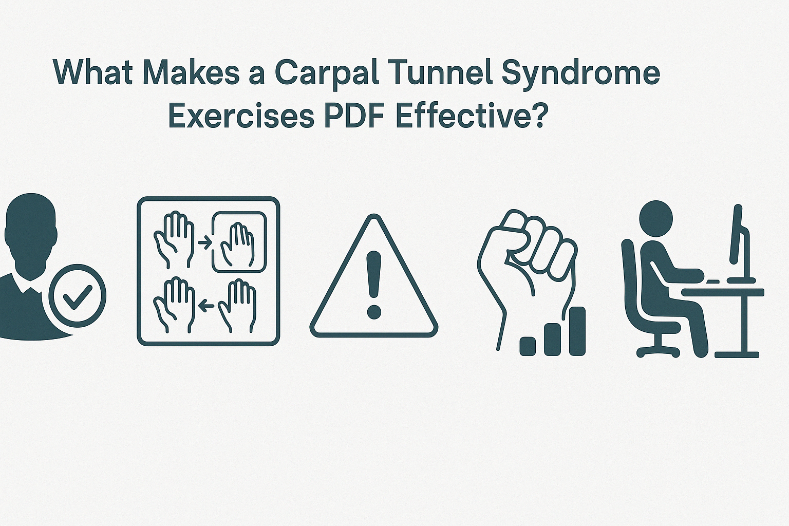 Infographic showing five key features of an effective carpal tunnel stretches PDF using medical-style icons for expert advice, exercise visuals, safety, progression, and ergonomics.