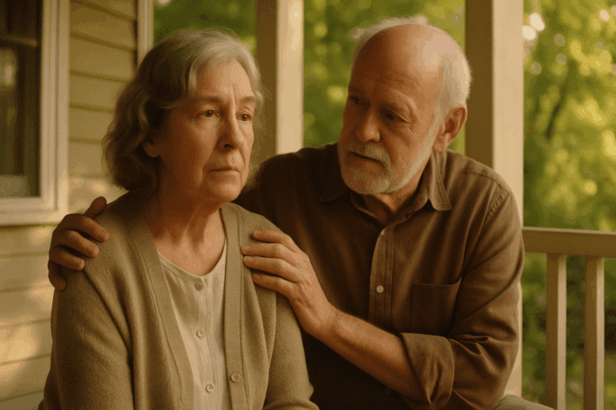 Elderly couple on a sunlit porch, with one partner showing quiet concern for the other’s distant, thoughtful gaze—evoking early signs of dementia.