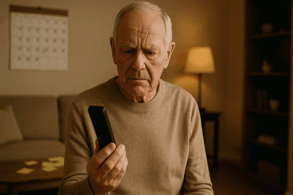 Elderly man looking confused at an upside-down remote in a cozy living room, showing early signs of dementia.