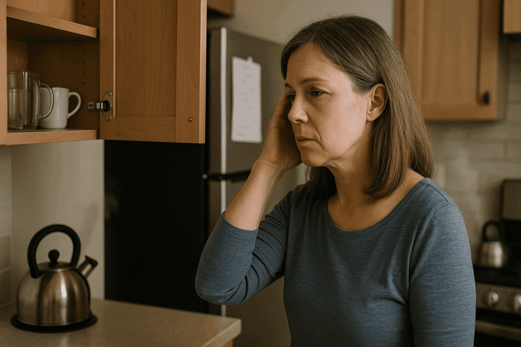Middle-aged woman staring at an open kitchen cabinet, appearing confused and overwhelmed—depicting early signs of dementia.