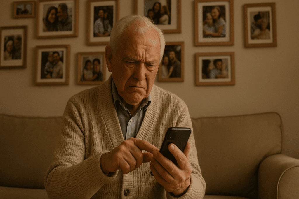 Elderly man looking frustrated while using a smartphone, highlighting early signs of dementia in a home setting with family photos in the background.
