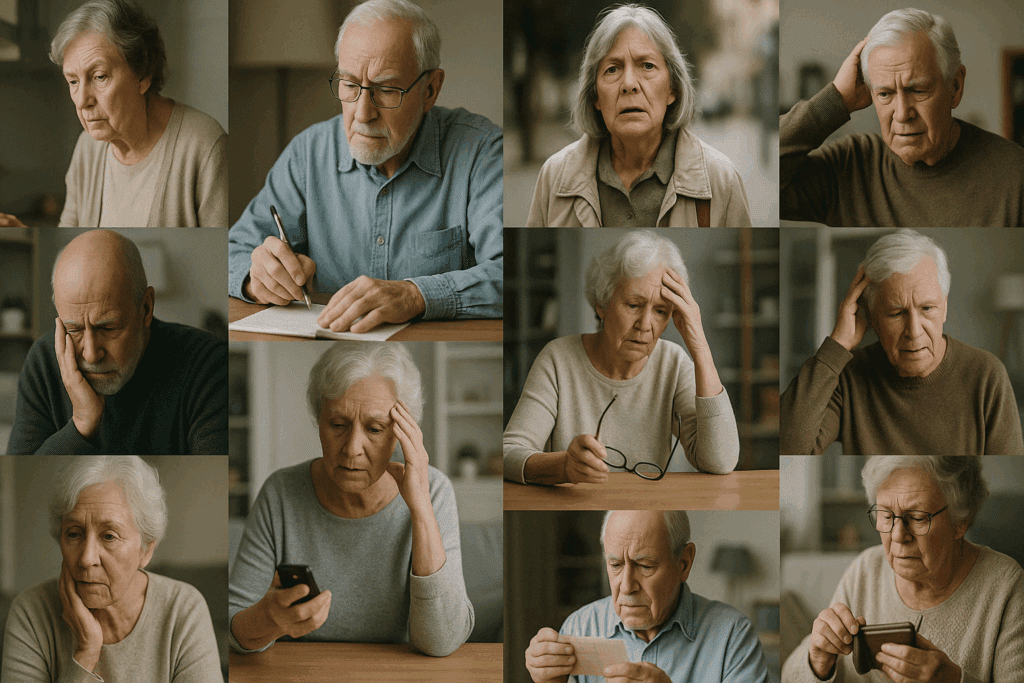 Elderly individuals displaying early signs of dementia, including confusion, disorientation, and difficulty with daily tasks.