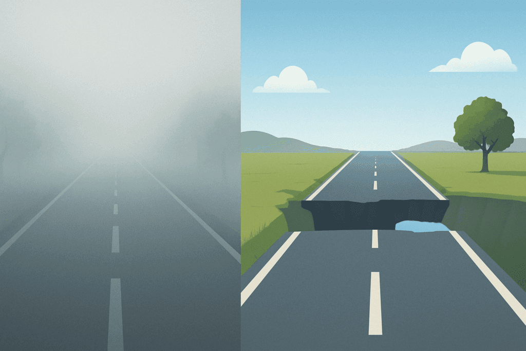Split-screen illustration comparing early signs of dementia as a foggy road fading into distance versus amnesia as a clear road with a missing bridge segment.