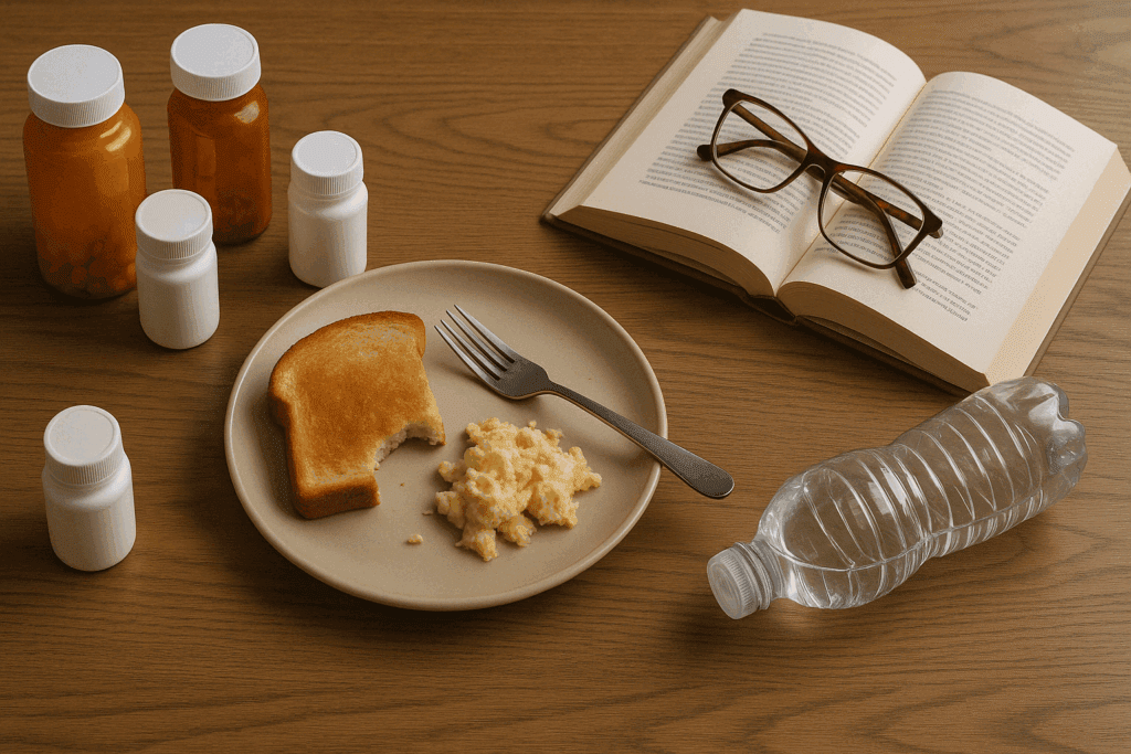 Flat-lay of pill bottles, half-eaten breakfast, tipped water bottle, and open book with glasses—symbolizing early signs of dementia like forgetfulness and disrupted routine.