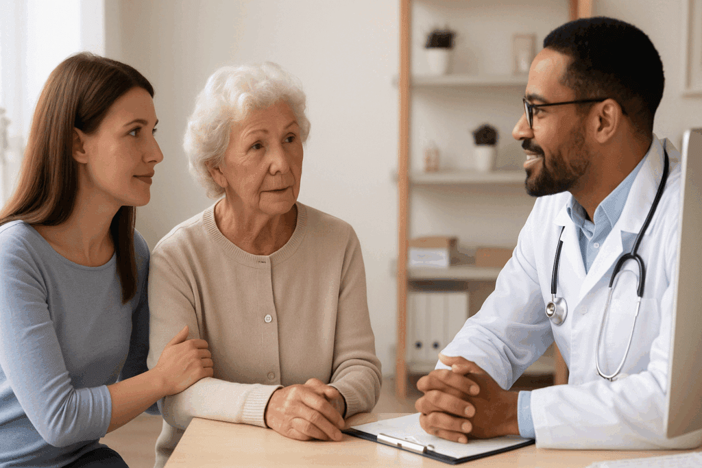 Adult daughter and elderly mother discussing early signs of dementia with a compassionate doctor in a warm medical office.