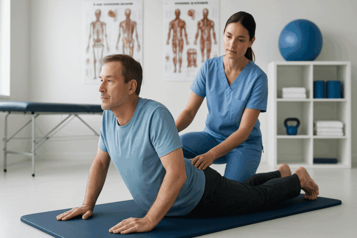 Middle-aged man performing a prone press-up under therapist supervision in a rehab clinic—one of the best exercises for lower back pain from a bulging disc.