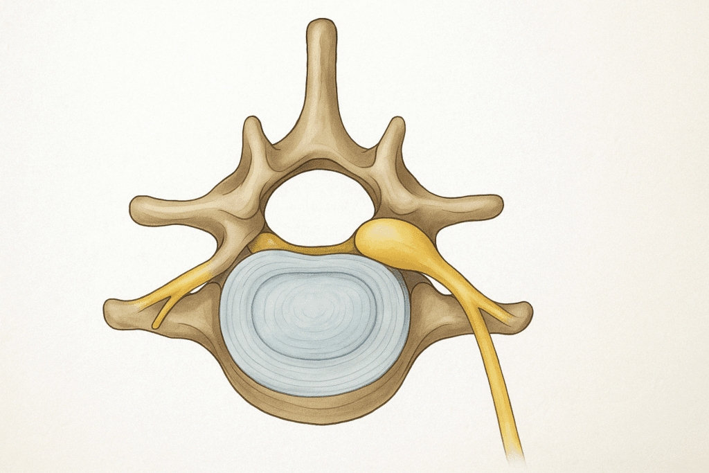 Cross-sectional medical illustration of a bulging disc pressing on the sciatic nerve, showing spinal anatomy relevant to the best exercises for lower back pain from a bulging disc