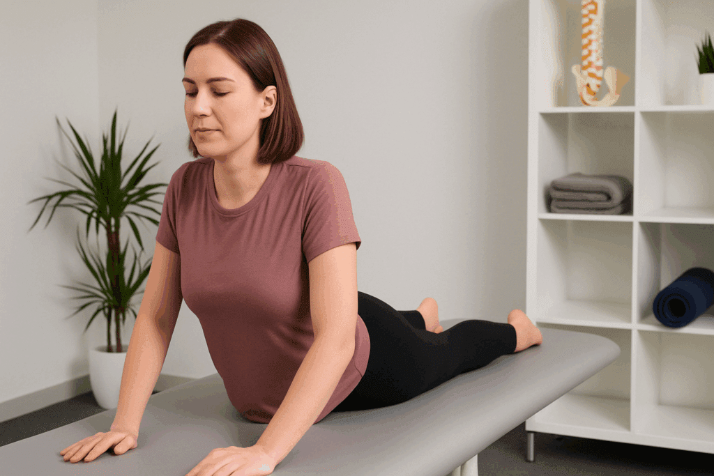 Woman performing McKenzie-style prone press-up on therapy table, demonstrating one of the best exercises for lower back pain from a bulging disc in a clinical setting
