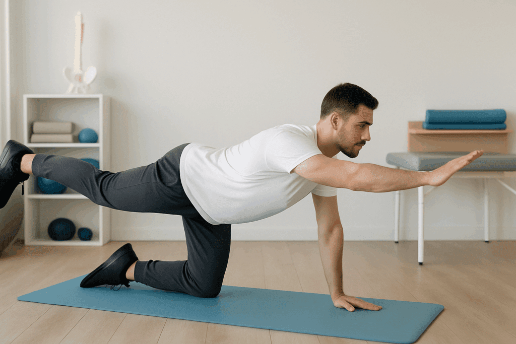 Man performing bird-dog exercise on a mat to demonstrate one of the best exercises for lower back pain from a bulging disc.