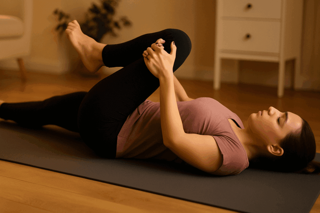 Woman performing a piriformis stretch on a yoga mat in a calm home setting, demonstrating one of the best exercises for lower back pain from a bulging disc