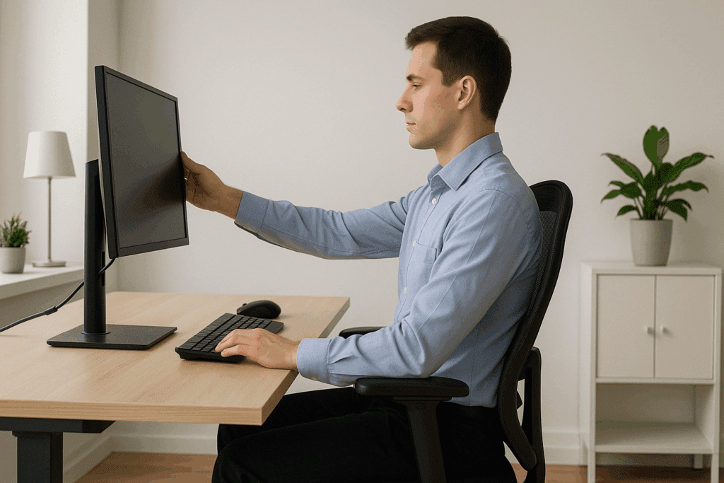 Office worker demonstrating best exercises for lower back pain from a bulging disc by adjusting ergonomic workstation to maintain a neutral spine.