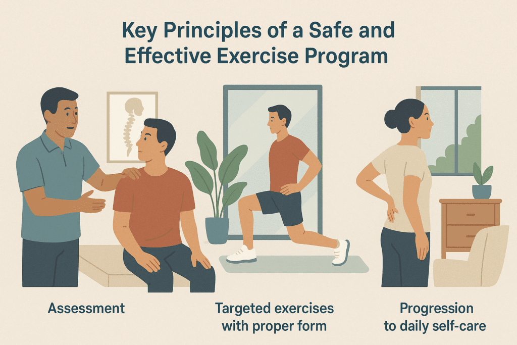 Three-step infographic showing best exercises for lower back pain from a bulging disc: therapist assessment, guided stretching, and home posture care.