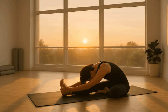 Person practicing early morning stretches for stiffness in a sunlit, minimalist yoga studio with large windows.