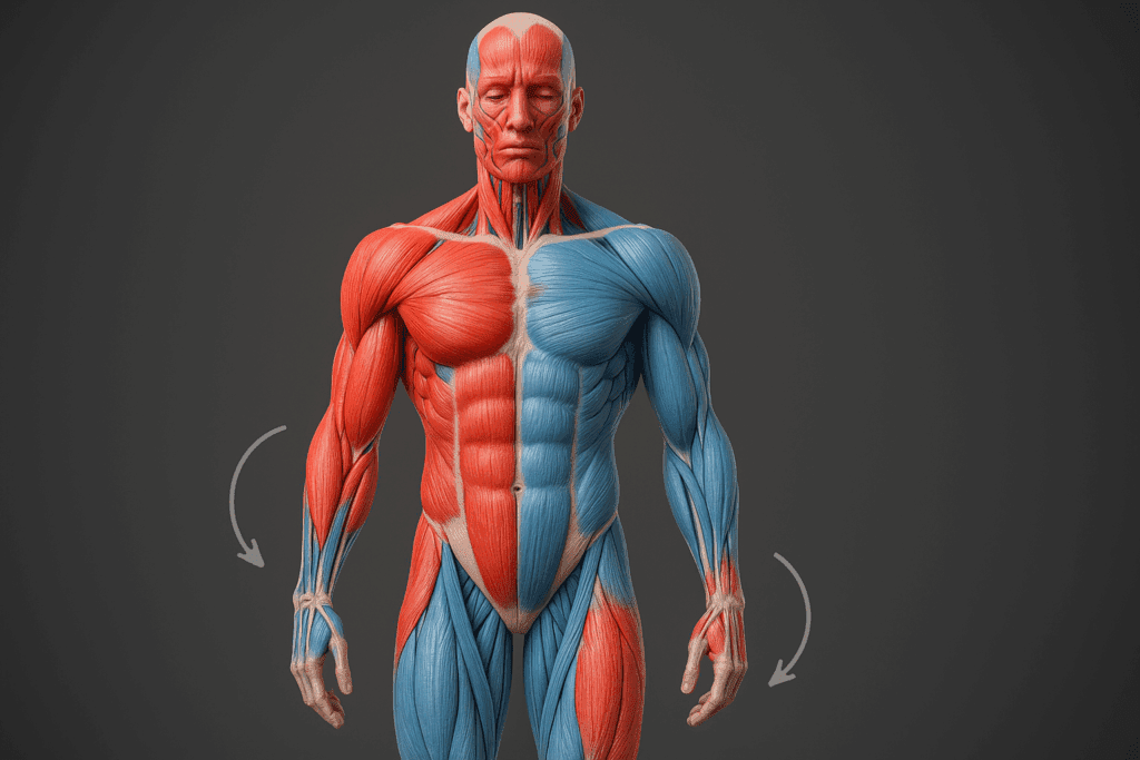 3D illustration of human muscles highlighting tight red areas and flexible blue zones in shoulders and hips, visualizing stretches for stiffness.