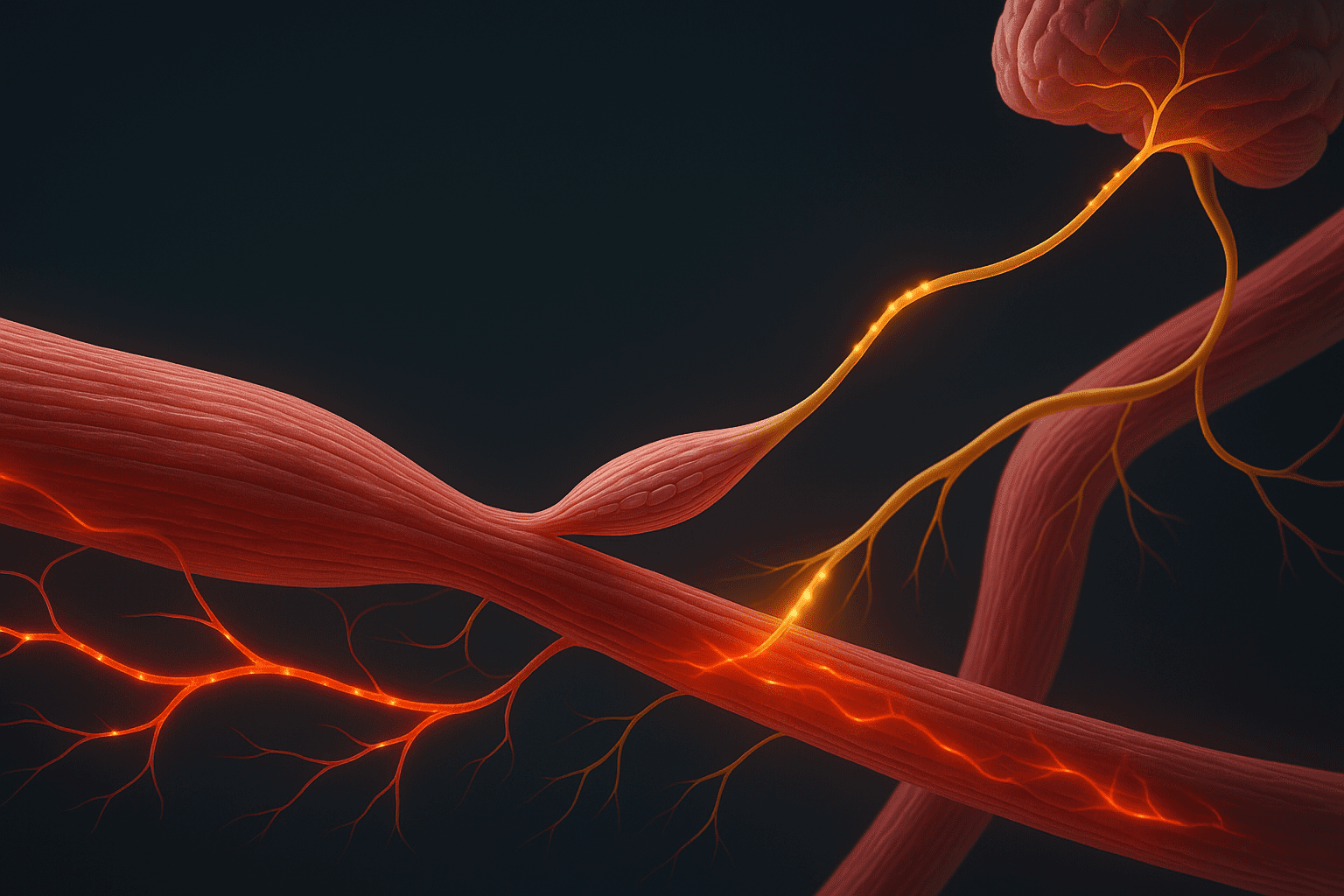 Scientific illustration of muscle fibers being elongated with glowing nerve signals and capillaries, visualizing how stretches for stiffness enhance blood flow and neural communication.
