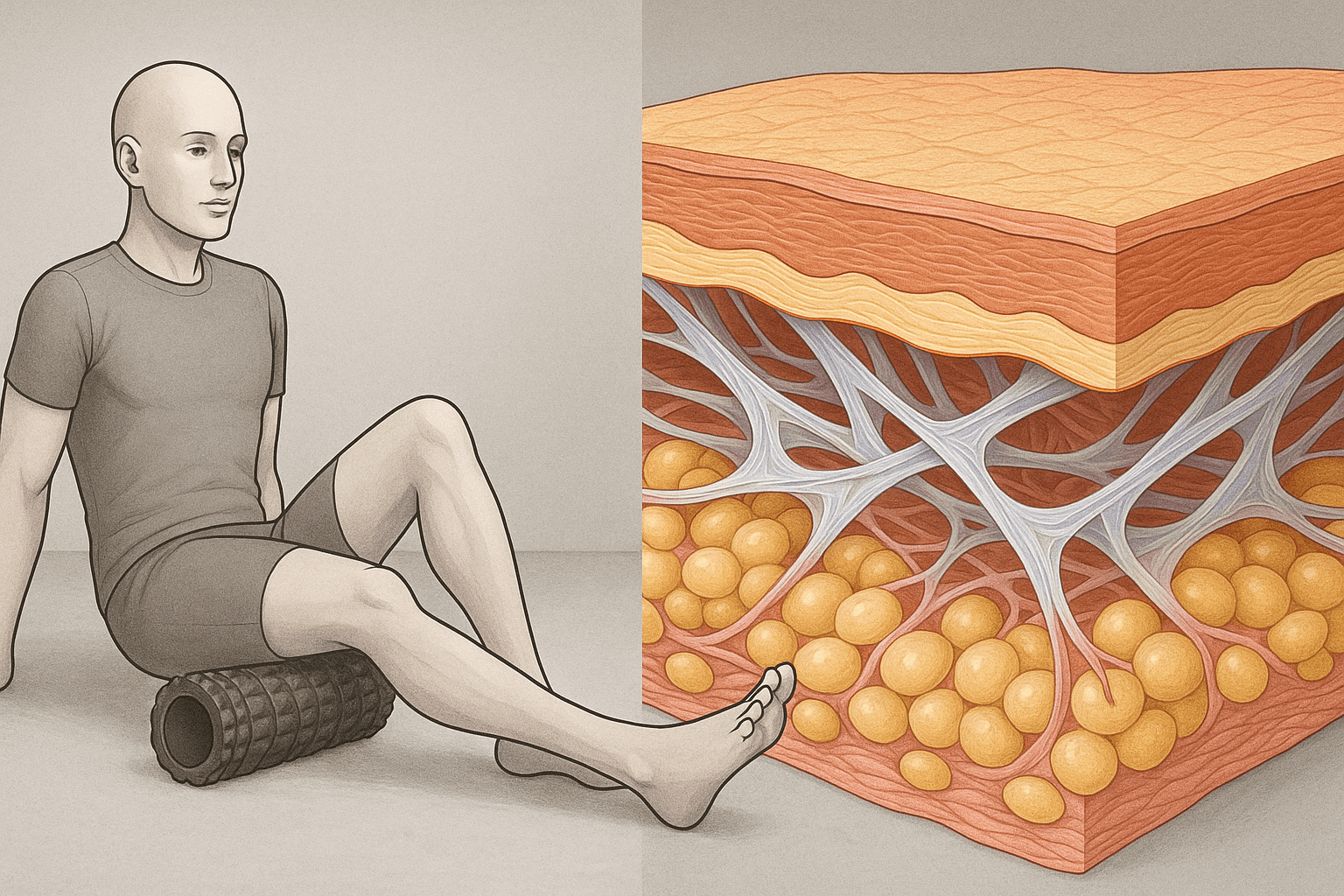 Side-by-side visual of a man using a foam roller on his hamstrings and a fascia cross-section illustrating stretches for stiffness relief.
