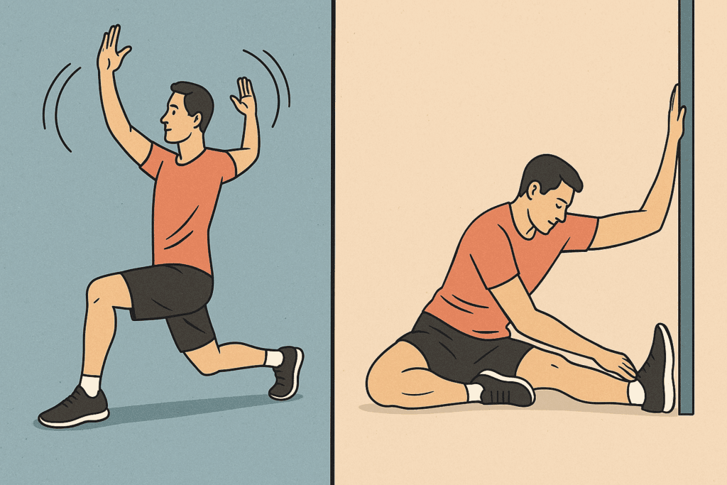 Split illustration showing a man performing dynamic stretches like walking lunges and arm circles alongside static stretches such as a seated hamstring stretch and doorframe chest stretch—visual guide to stretches for stiffness.