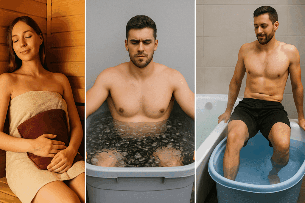 Three recovery treatments illustrating stretches for stiffness relief: woman using heat therapy in a sauna, man in cold therapy ice bath, and contrast therapy with alternating hot and cold water baths