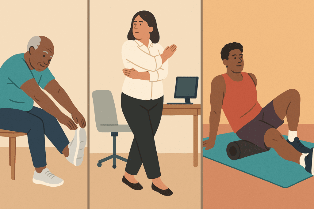 Three diverse individuals demonstrating stretches for stiffness, including a senior doing seated hamstring stretches, an office worker performing standing spinal twists, and an athlete using a foam roller after exercise.