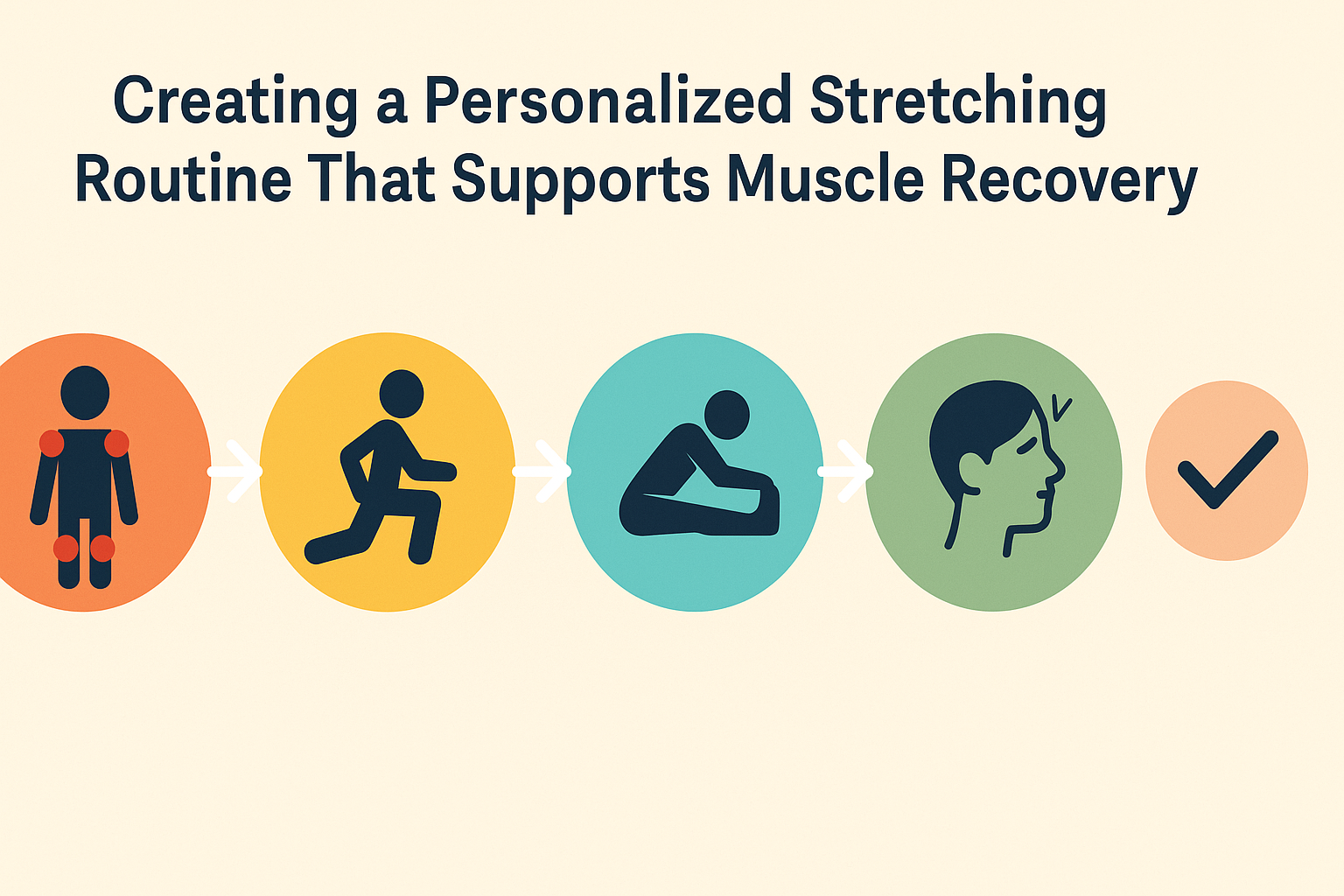 Colorful infographic showing a five-step routine for muscle recovery, including stretches for stiffness, dynamic warmups, and mindfulness.
