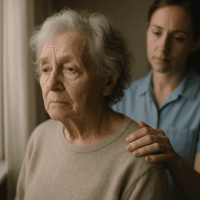 Elderly woman with severe cognitive impairment gazing out a sunlit window as a caregiver gently places a supportive hand on her shoulder.