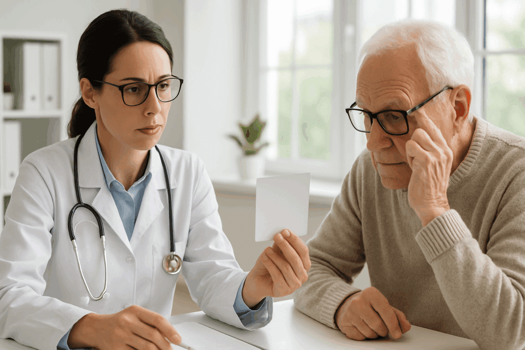 Neurologist conducting a flashcard memory test with an elderly man in a bright clinic, assessing severe cognitive impairment.