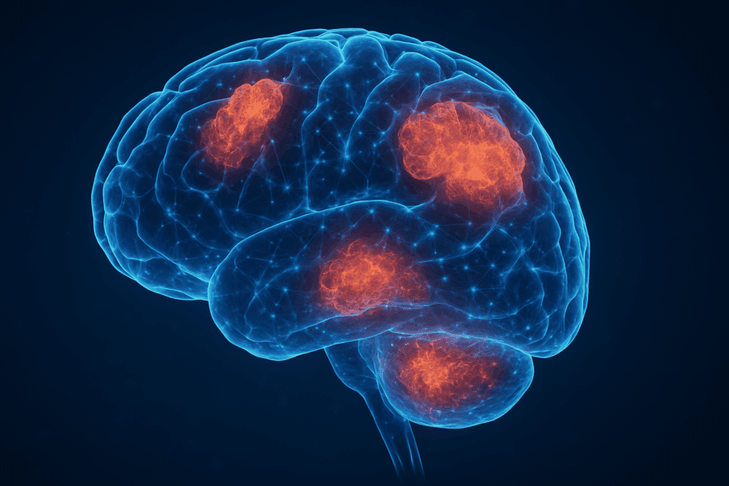 3D-rendered digital illustration of a human brain showing degeneration in the hippocampus, prefrontal cortex, and parietal lobes, representing severe cognitive impairment.